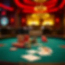 A strategic poker table setup with chips and cards