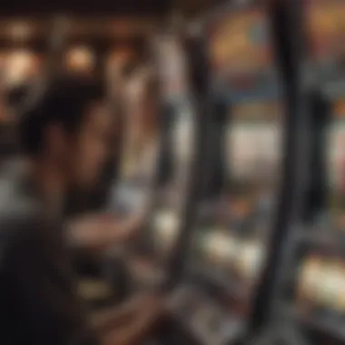 Social Dynamics of Slot Machine Gaming A group of individuals gathered around a slot machine, immersed in play.