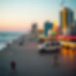 A panoramic view of Atlantic City's iconic boardwalk and beach.