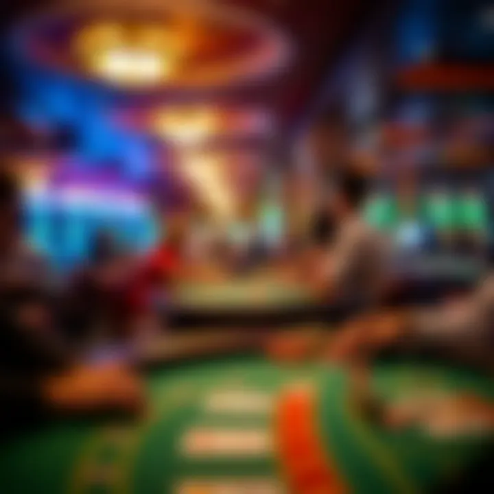 A close-up of gaming tables with colorful chips and engaged players