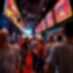 A vibrant sportsbook filled with enthusiastic bettors placing wagers