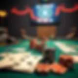 A strategic overview of an online poker table with chips and cards.