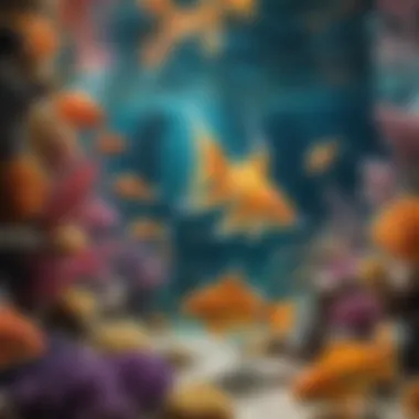 Vibrant underwater scene with goldfish and colorful corals