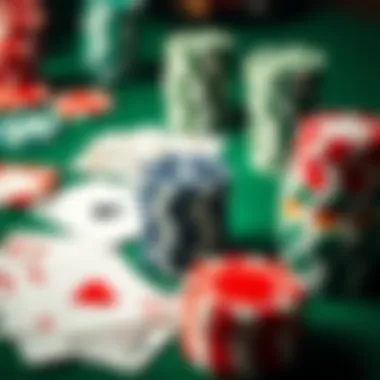 A close-up of poker chips and cards on a green felt table