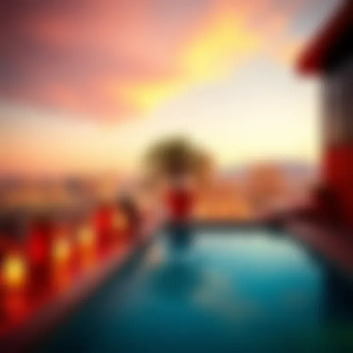 A vibrant rooftop pool with city skyline in the background