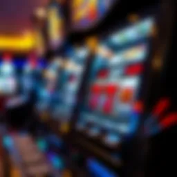Close-up view of a classic slot machine with vibrant symbols and spinning reels