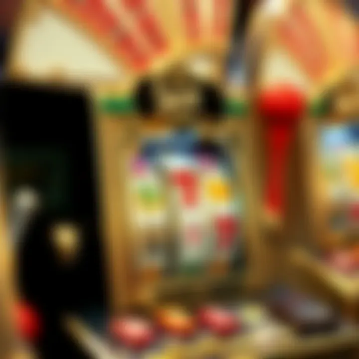 Close-up view of a unique tabletop slot machine featuring intricate artwork