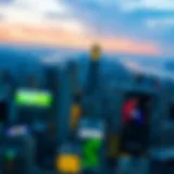 Aerial view of New York City skyline with sports betting advertisements