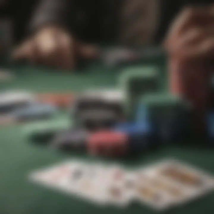 Close-up of poker chips and cards on a table