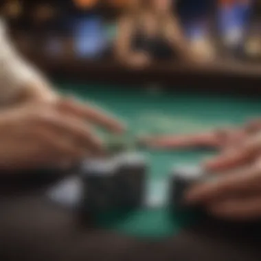 A close-up of poker chips with a backdrop of a bustling casino