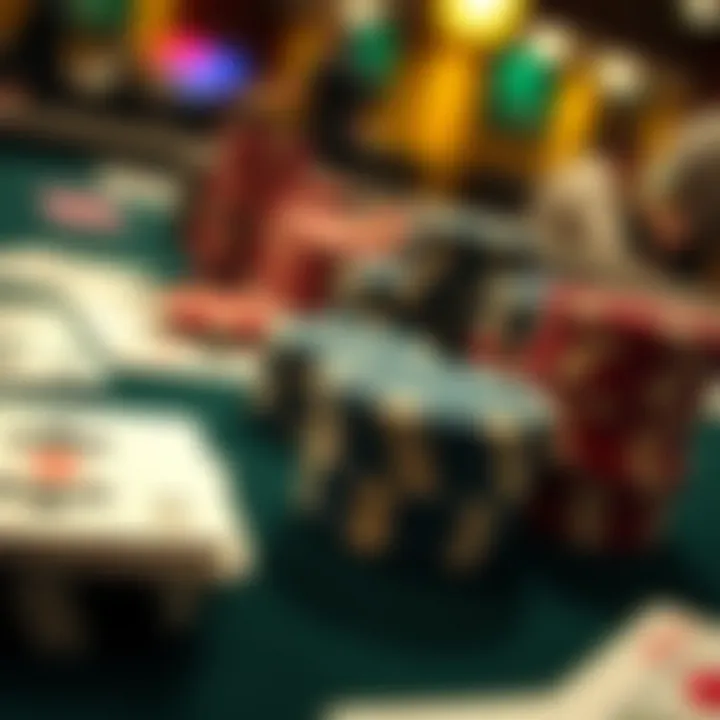 Close-up of poker chips and cards on a table during a game