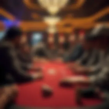 Poker table with players strategizing their moves