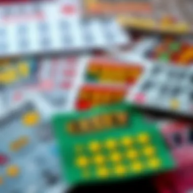 A close-up view of various scratch-off ticket designs laid out on a surface.