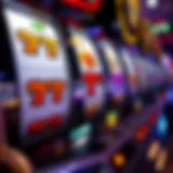 A close-up view of a slot machine showcasing vibrant symbols and payout windows