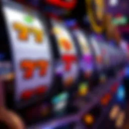 A close-up view of a slot machine showcasing vibrant symbols and payout windows