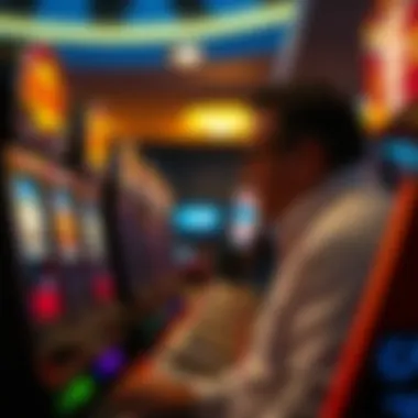 Player Examining Slot Machines A player intently examining different slot machine options in a casino