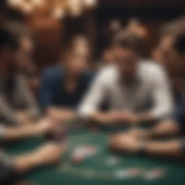 An intense moment at a poker table, showcasing players deep in concentration during a Texas Hold'em game.