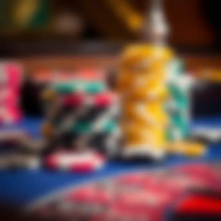 Close-up of colorful roulette chips stacked on the table