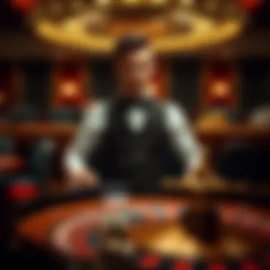 An elegantly dressed croupier presenting the roulette table