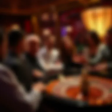 A group of players gathered around a roulette table, engaged and excited