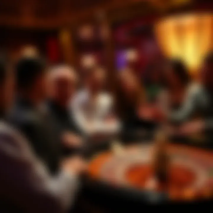 A group of players gathered around a roulette table, engaged and excited